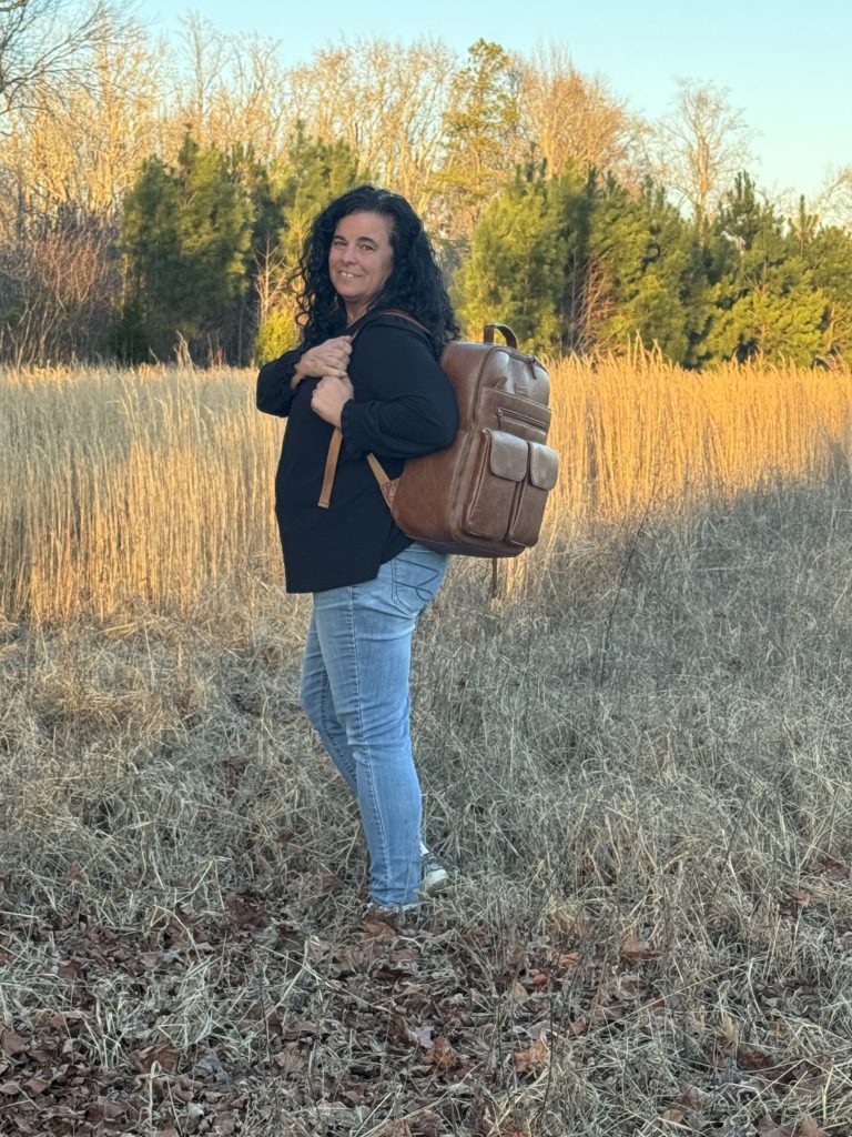 Tanya Lantz outdoors with her camera bag